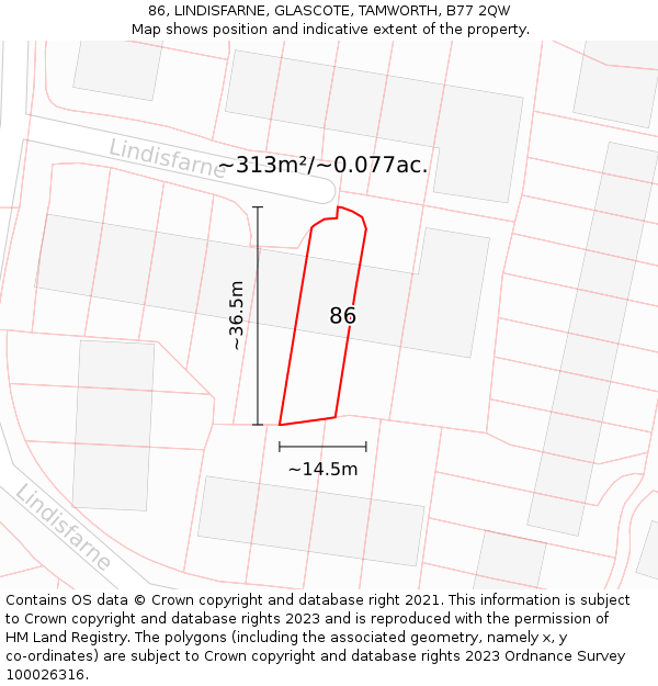 86, LINDISFARNE, GLASCOTE, TAMWORTH, B77 2QW: Plot and title map