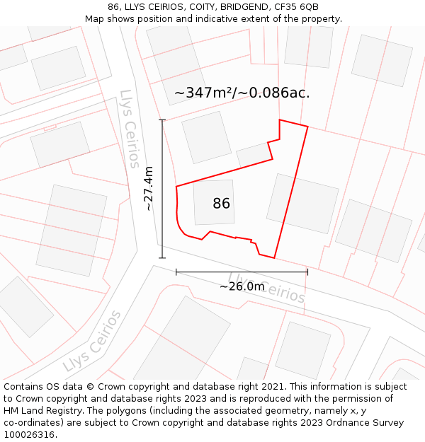 86, LLYS CEIRIOS, COITY, BRIDGEND, CF35 6QB: Plot and title map