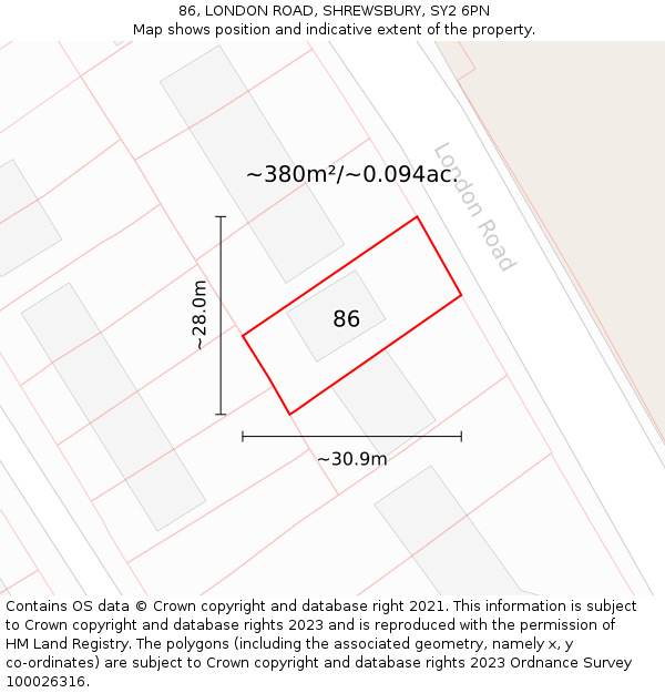 86, LONDON ROAD, SHREWSBURY, SY2 6PN: Plot and title map