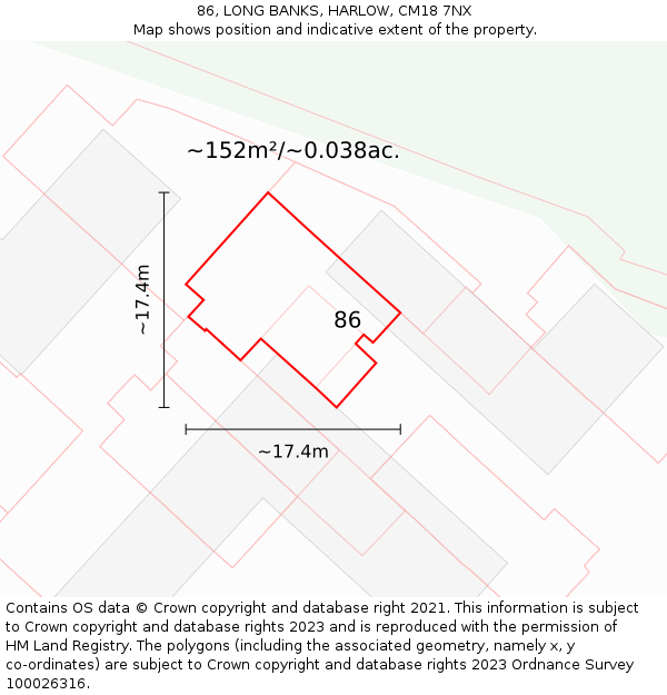 86, LONG BANKS, HARLOW, CM18 7NX: Plot and title map