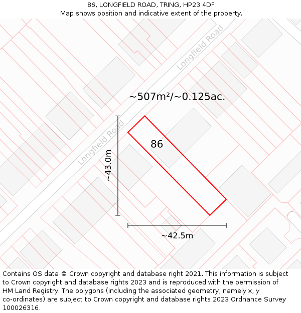 86, LONGFIELD ROAD, TRING, HP23 4DF: Plot and title map