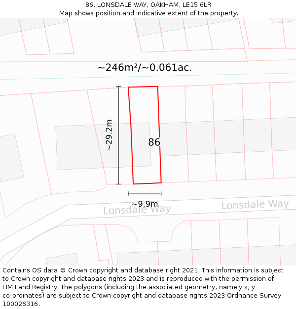 86, LONSDALE WAY, OAKHAM, LE15 6LR: Plot and title map