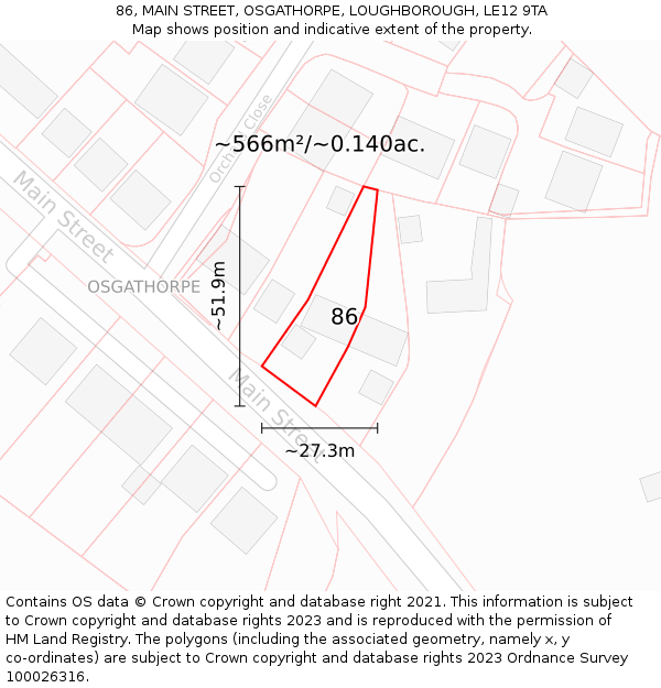 86, MAIN STREET, OSGATHORPE, LOUGHBOROUGH, LE12 9TA: Plot and title map