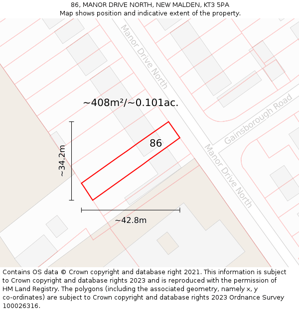 86, MANOR DRIVE NORTH, NEW MALDEN, KT3 5PA: Plot and title map