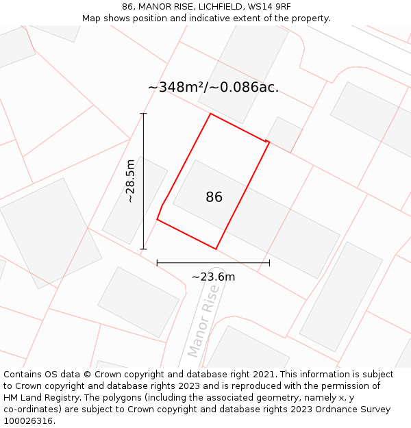 86, MANOR RISE, LICHFIELD, WS14 9RF: Plot and title map