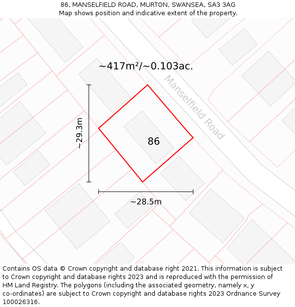 86, MANSELFIELD ROAD, MURTON, SWANSEA, SA3 3AG: Plot and title map