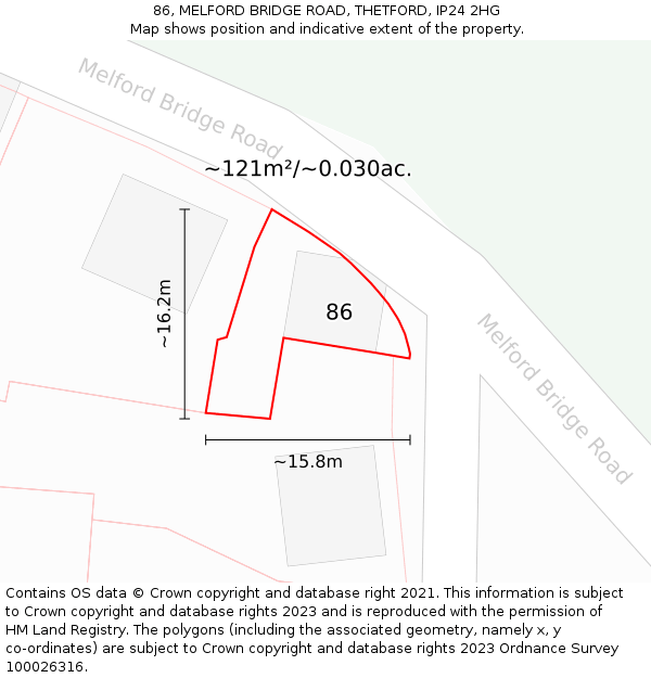 86, MELFORD BRIDGE ROAD, THETFORD, IP24 2HG: Plot and title map