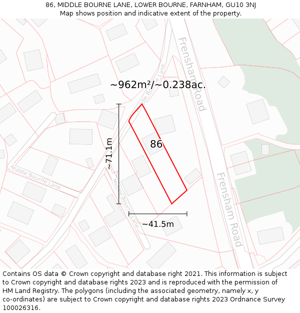86, MIDDLE BOURNE LANE, LOWER BOURNE, FARNHAM, GU10 3NJ: Plot and title map