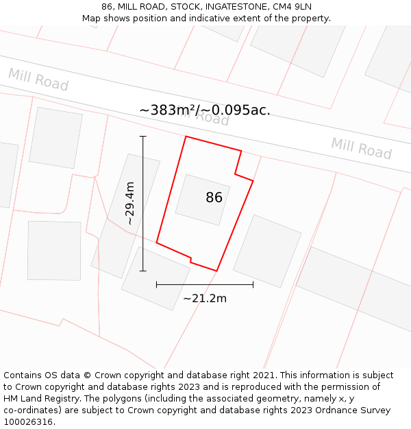 86, MILL ROAD, STOCK, INGATESTONE, CM4 9LN: Plot and title map