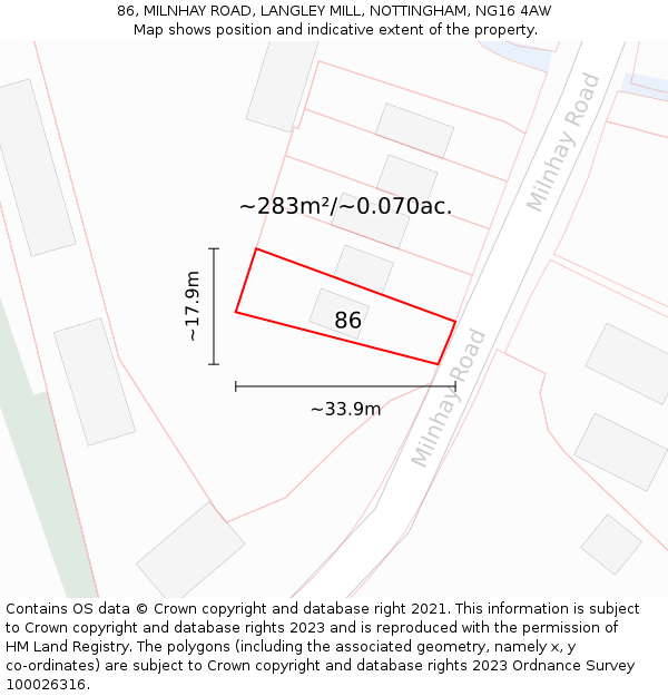86, MILNHAY ROAD, LANGLEY MILL, NOTTINGHAM, NG16 4AW: Plot and title map