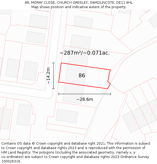 86, MORAY CLOSE, CHURCH GRESLEY, SWADLINCOTE, DE11 9HL: Plot and title map