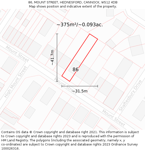 86, MOUNT STREET, HEDNESFORD, CANNOCK, WS12 4DB: Plot and title map