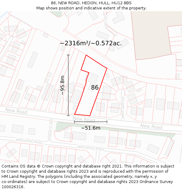 86, NEW ROAD, HEDON, HULL, HU12 8BS: Plot and title map