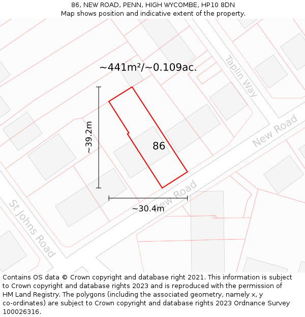 86, NEW ROAD, PENN, HIGH WYCOMBE, HP10 8DN: Plot and title map