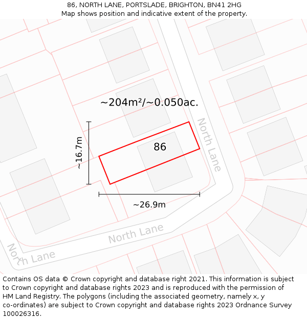 86, NORTH LANE, PORTSLADE, BRIGHTON, BN41 2HG: Plot and title map