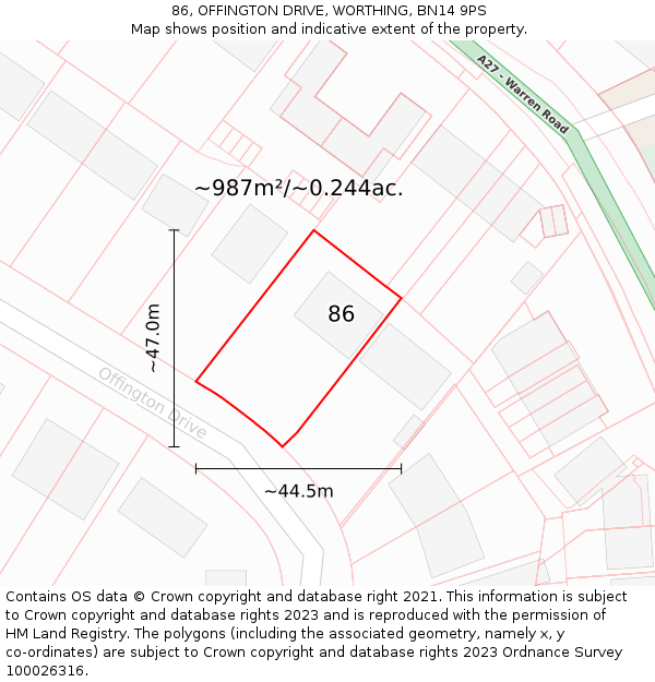 86, OFFINGTON DRIVE, WORTHING, BN14 9PS: Plot and title map
