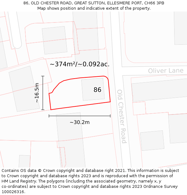 86, OLD CHESTER ROAD, GREAT SUTTON, ELLESMERE PORT, CH66 3PB: Plot and title map