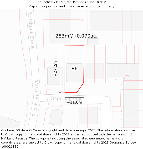 86, OSPREY DRIVE, SCUNTHORPE, DN16 3EZ: Plot and title map