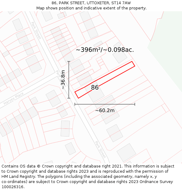 86, PARK STREET, UTTOXETER, ST14 7AW: Plot and title map