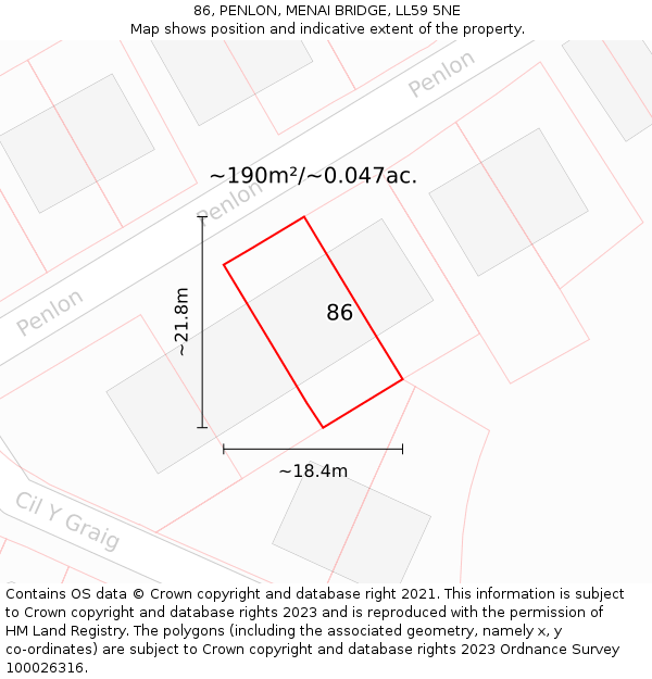 86, PENLON, MENAI BRIDGE, LL59 5NE: Plot and title map
