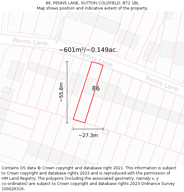 86, PENNS LANE, SUTTON COLDFIELD, B72 1BL: Plot and title map