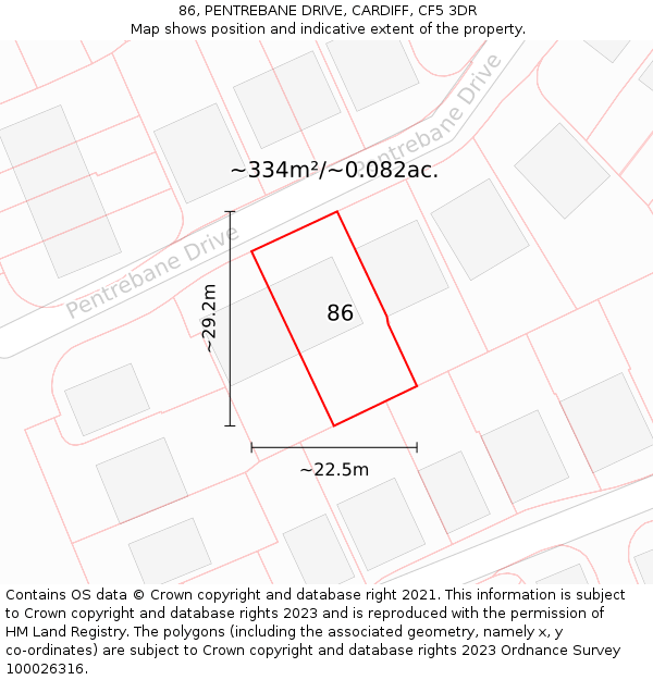 86, PENTREBANE DRIVE, CARDIFF, CF5 3DR: Plot and title map