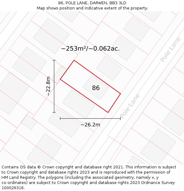 86, POLE LANE, DARWEN, BB3 3LD: Plot and title map