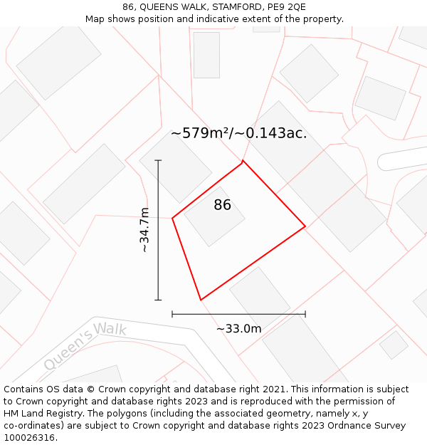 86, QUEENS WALK, STAMFORD, PE9 2QE: Plot and title map