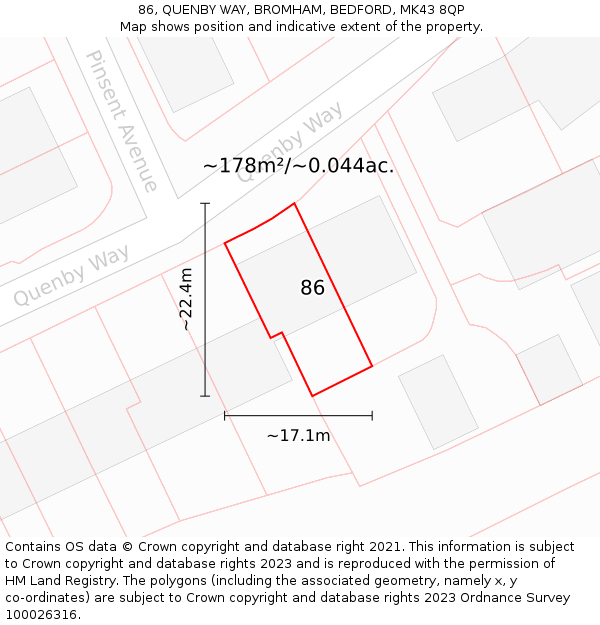 86, QUENBY WAY, BROMHAM, BEDFORD, MK43 8QP: Plot and title map