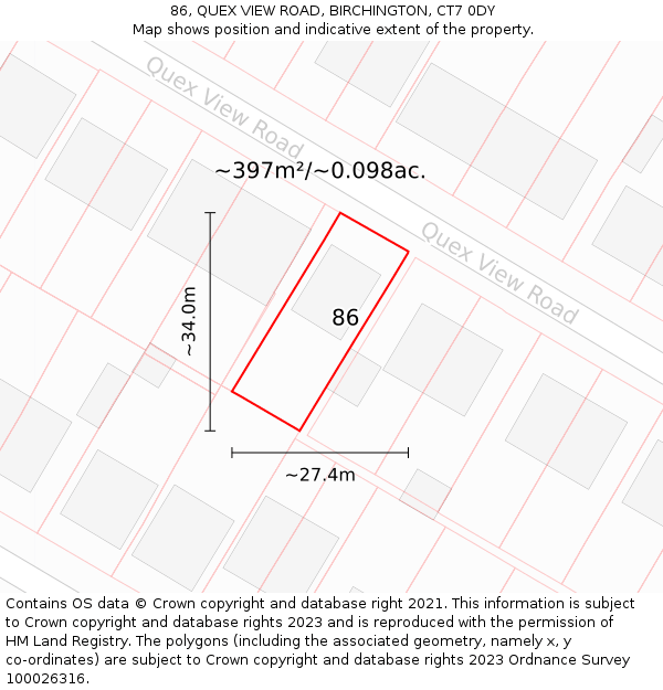 86, QUEX VIEW ROAD, BIRCHINGTON, CT7 0DY: Plot and title map