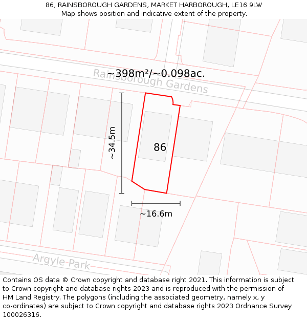 86, RAINSBOROUGH GARDENS, MARKET HARBOROUGH, LE16 9LW: Plot and title map