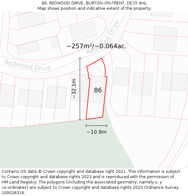 86, REDWOOD DRIVE, BURTON-ON-TRENT, DE15 9HL: Plot and title map