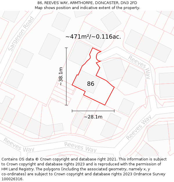86, REEVES WAY, ARMTHORPE, DONCASTER, DN3 2FD: Plot and title map