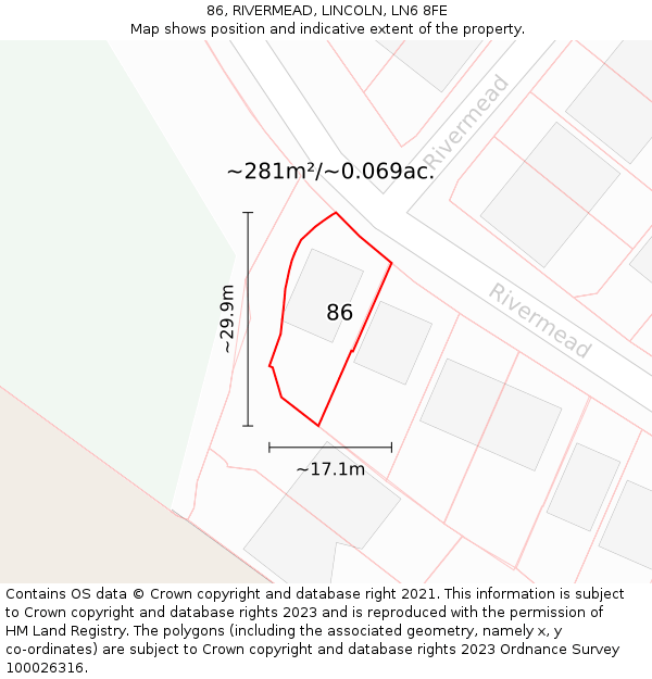 86, RIVERMEAD, LINCOLN, LN6 8FE: Plot and title map