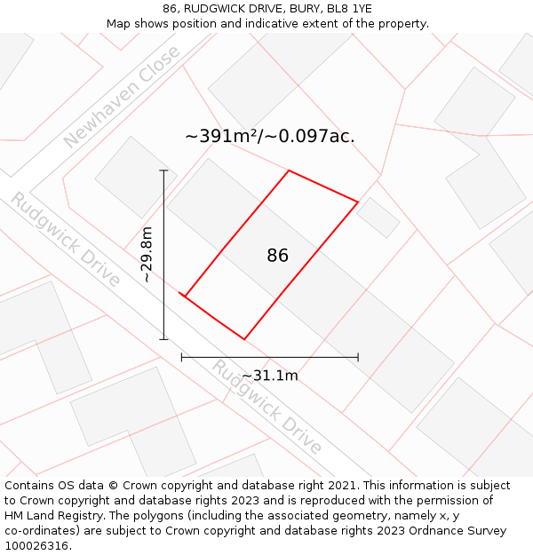 86, RUDGWICK DRIVE, BURY, BL8 1YE: Plot and title map