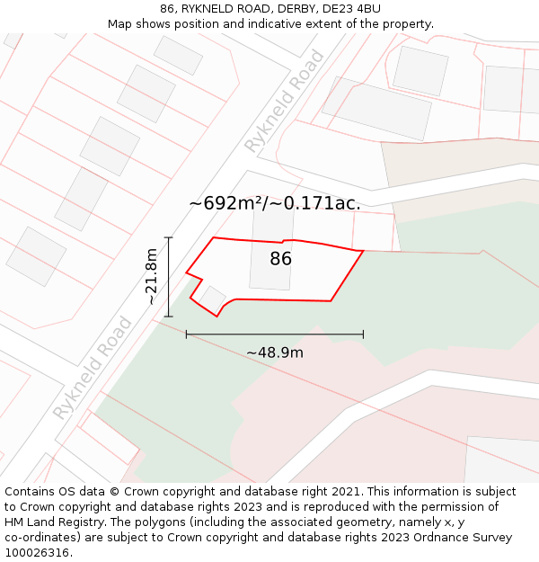 86, RYKNELD ROAD, DERBY, DE23 4BU: Plot and title map
