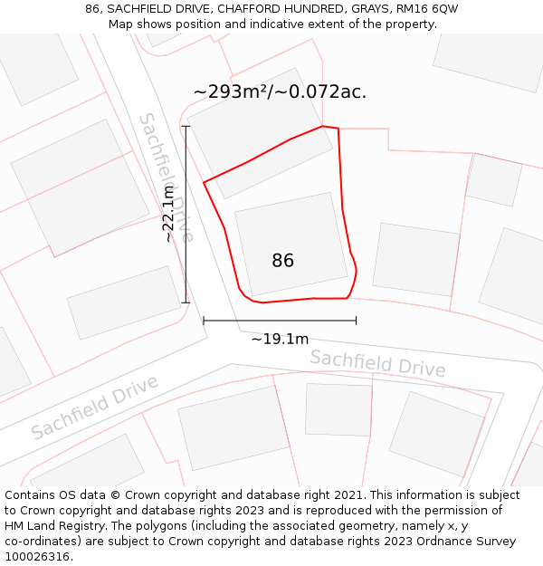 86, SACHFIELD DRIVE, CHAFFORD HUNDRED, GRAYS, RM16 6QW: Plot and title map