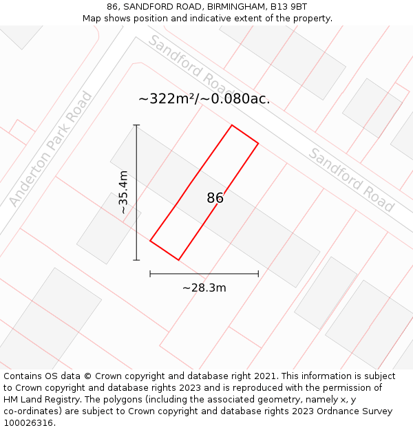 86, SANDFORD ROAD, BIRMINGHAM, B13 9BT: Plot and title map