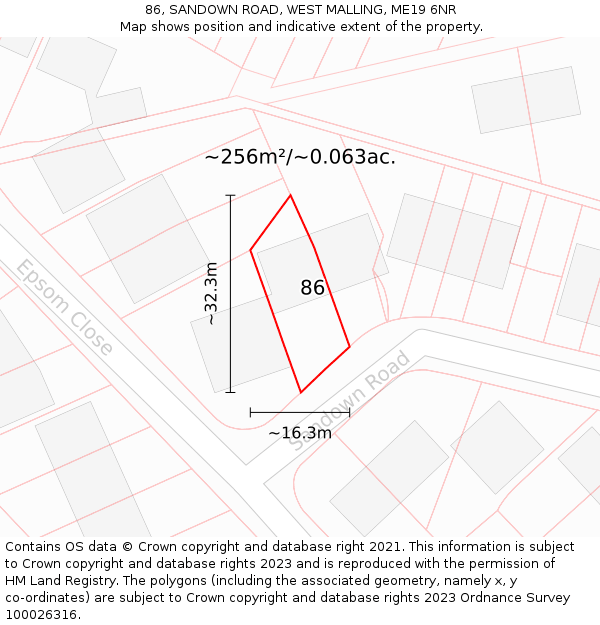 86, SANDOWN ROAD, WEST MALLING, ME19 6NR: Plot and title map