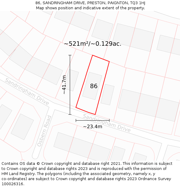 86, SANDRINGHAM DRIVE, PRESTON, PAIGNTON, TQ3 1HJ: Plot and title map