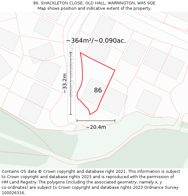86, SHACKLETON CLOSE, OLD HALL, WARRINGTON, WA5 9QE: Plot and title map