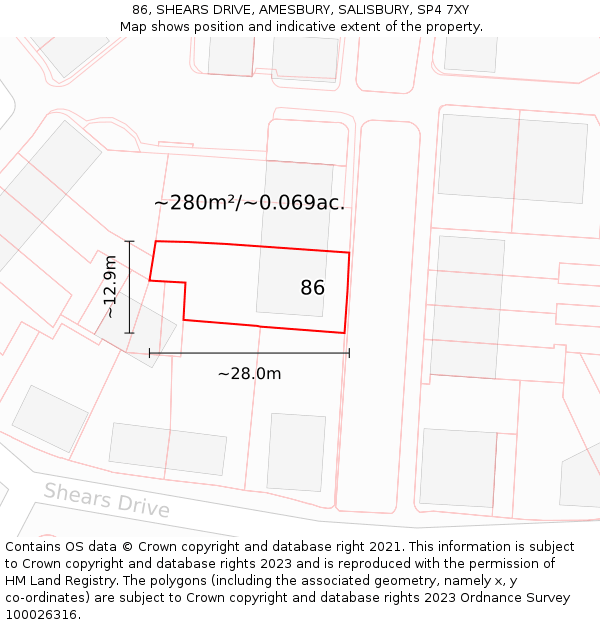 86, SHEARS DRIVE, AMESBURY, SALISBURY, SP4 7XY: Plot and title map