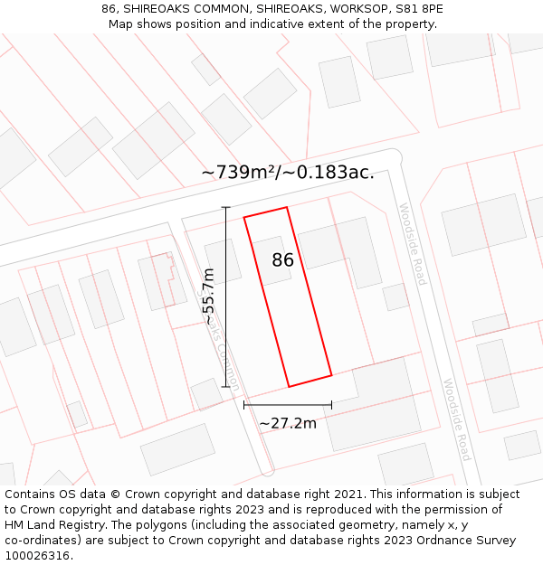86, SHIREOAKS COMMON, SHIREOAKS, WORKSOP, S81 8PE: Plot and title map