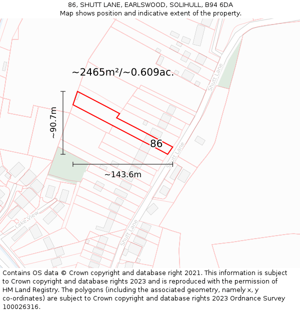 86, SHUTT LANE, EARLSWOOD, SOLIHULL, B94 6DA: Plot and title map