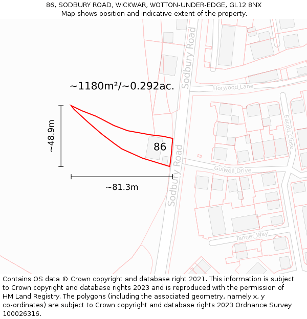 86, SODBURY ROAD, WICKWAR, WOTTON-UNDER-EDGE, GL12 8NX: Plot and title map