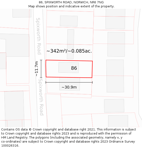 86, SPIXWORTH ROAD, NORWICH, NR6 7NG: Plot and title map