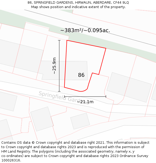 86, SPRINGFIELD GARDENS, HIRWAUN, ABERDARE, CF44 9LQ: Plot and title map