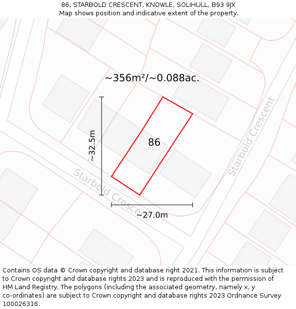 86, STARBOLD CRESCENT, KNOWLE, SOLIHULL, B93 9JX: Plot and title map