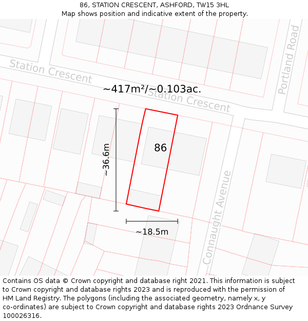 86, STATION CRESCENT, ASHFORD, TW15 3HL: Plot and title map