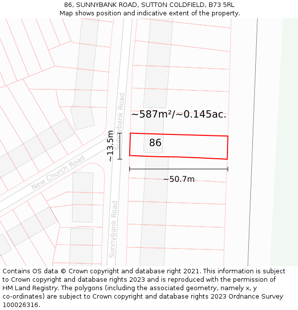 86, SUNNYBANK ROAD, SUTTON COLDFIELD, B73 5RL: Plot and title map